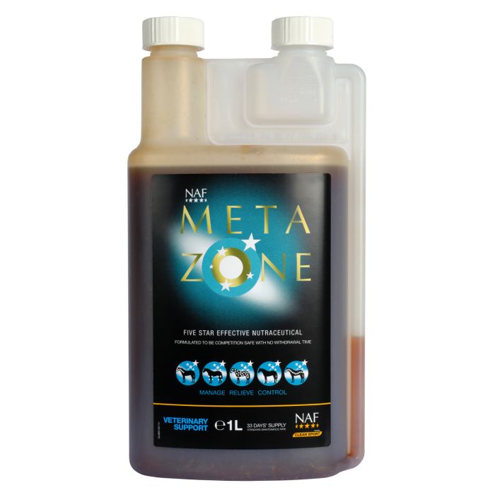 Flüssigkeit in einer rechteckigen Flasche mit zwei Schraubverschlüssen. Aufschrift: Meta Zone, Veterinary Support, 1L.