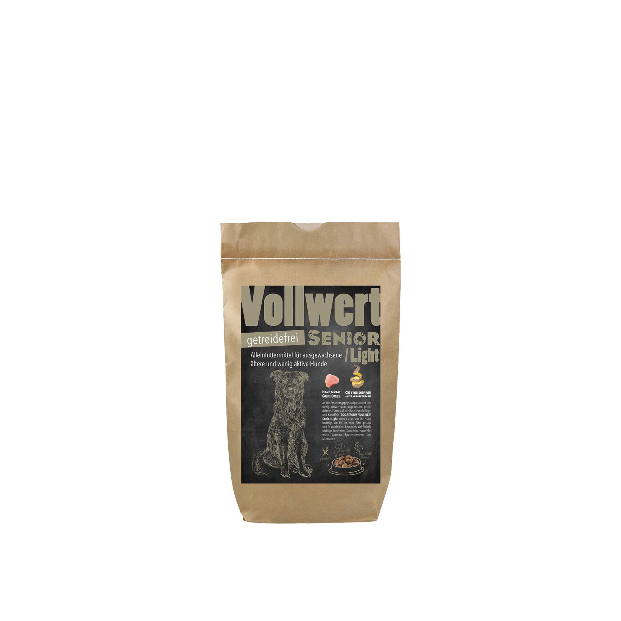 Schecker Trockenfutter-Beutel, Vollwert Senior/Light. Aufdruck mit Produktinformationen und Hund. Braune Papierverpackung.