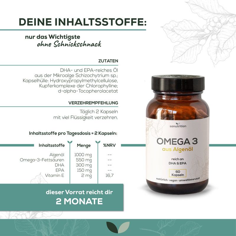 Infografik mit "OMEGA 3 aus Algenöl" Flasche. Text: "DEINE INHALTSSTOFFE:" und Inhaltsstofftabelle. Empfehlung: 2 Kapseln täglich.
