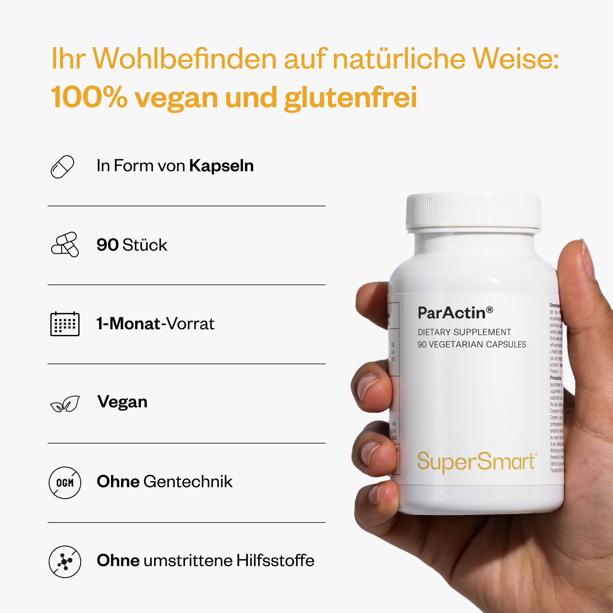 Hand hält eine weiße Flasche ParActin®, 90 Kapseln. 100% vegan und glutenfrei. SuperSmart Logo. Weitere Informationen.