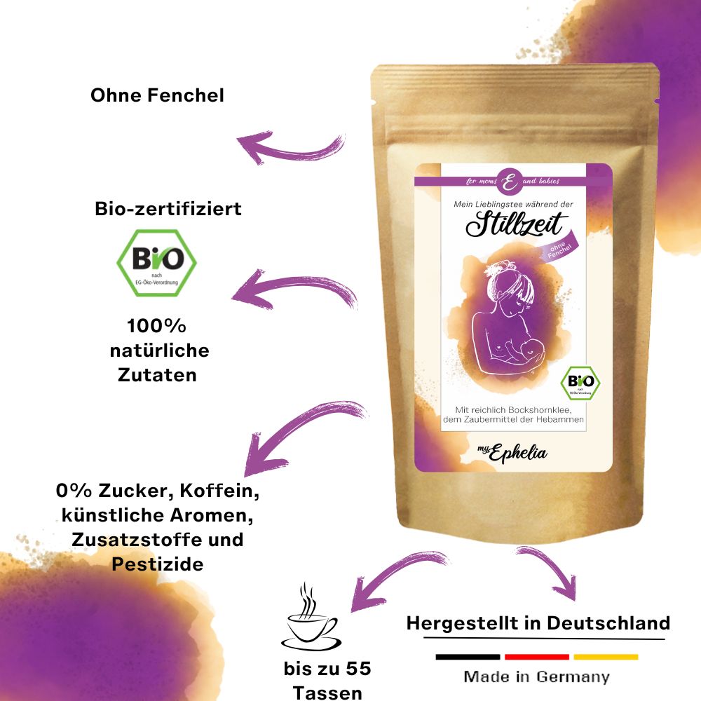 Beutel Stilltee mit Bio-Zertifizierung. Text: Ohne Fenchel, 100% natürliche Zutaten, 0% Zucker, Koffein, Zusatzstoffe, Pestizide. Hergestellt in Deutschland.