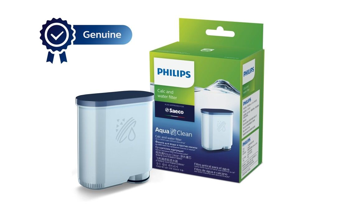 Wasserfilter mit blauem Deckel und weißem Gehäuse. Verpackung mit Philips-Logo. Echtheitszertifikat.