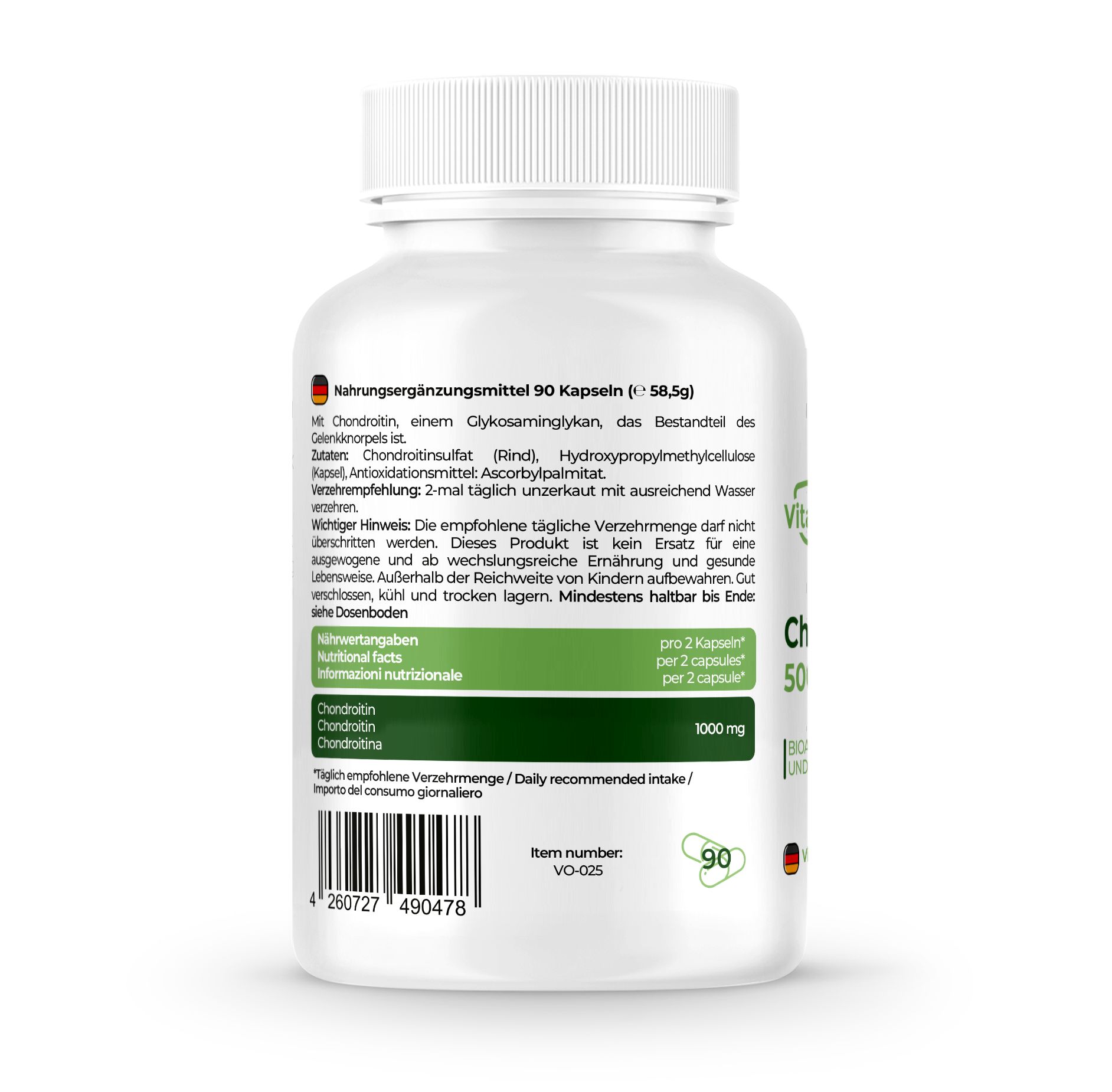 Rückseite einer weißen Flasche. Text: Nahrungsergänzungsmittel. 90 Kapseln. Inhaltsstoffe, Verzehrempfehlung, Hinweise.