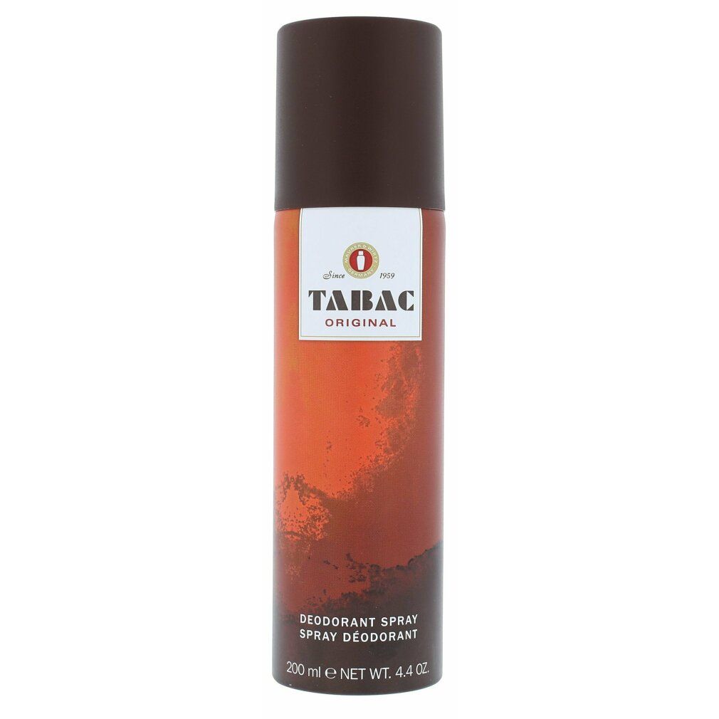 Tabac Original Deodorant-Spray. Braune Kappe, orangefarbener Korpus. Aufschrift: Tabac Original, Deodorant Spray.