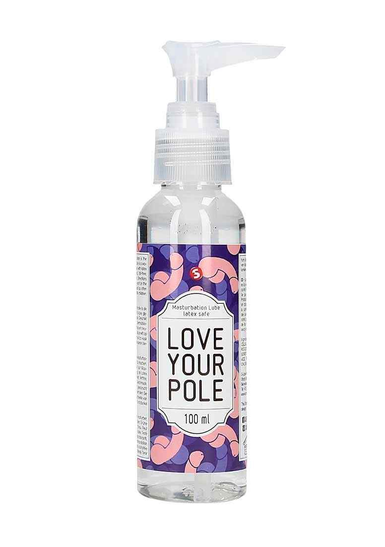 Transparente Flasche mit Pumpverschluss. Aufschrift: LOVE YOUR POLE. 100 ml. Lila und rosa Muster auf der Flasche. S-Logo.