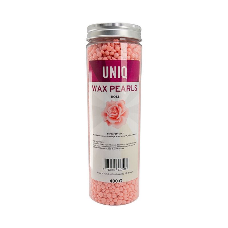 Zylindrische Dose mit rosafarbenen Wachsperlen. Aufschrift: UNIQ WAX PEARLS ROSE. 400 G. Mit Rose-Abbildung.