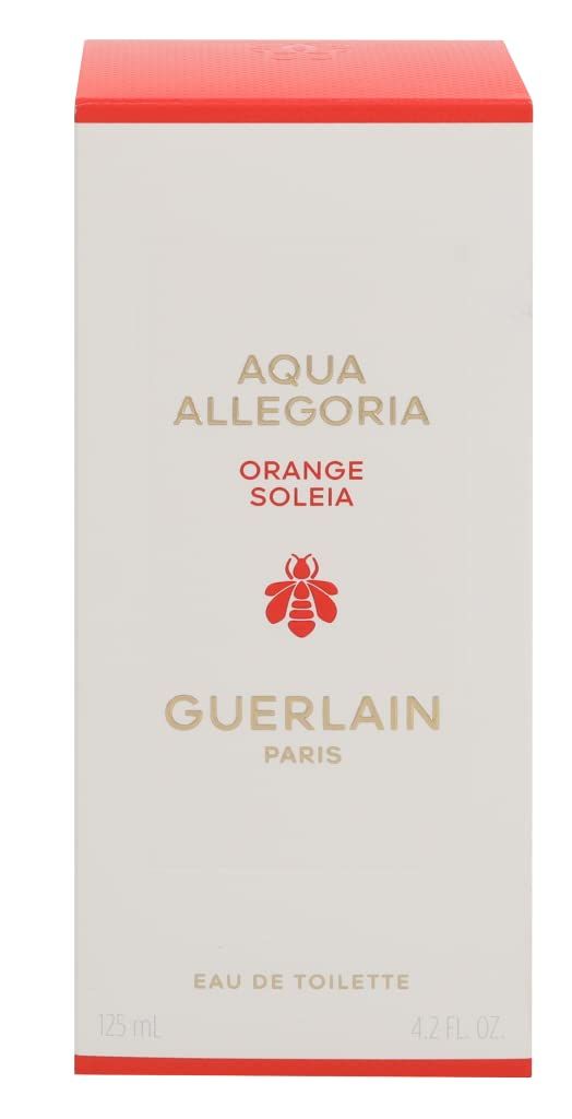 Weiße rechteckige Verpackung mit rotem Deckel. Aufschrift Aqua Allegoria, Orange Soleia, Guerlain.