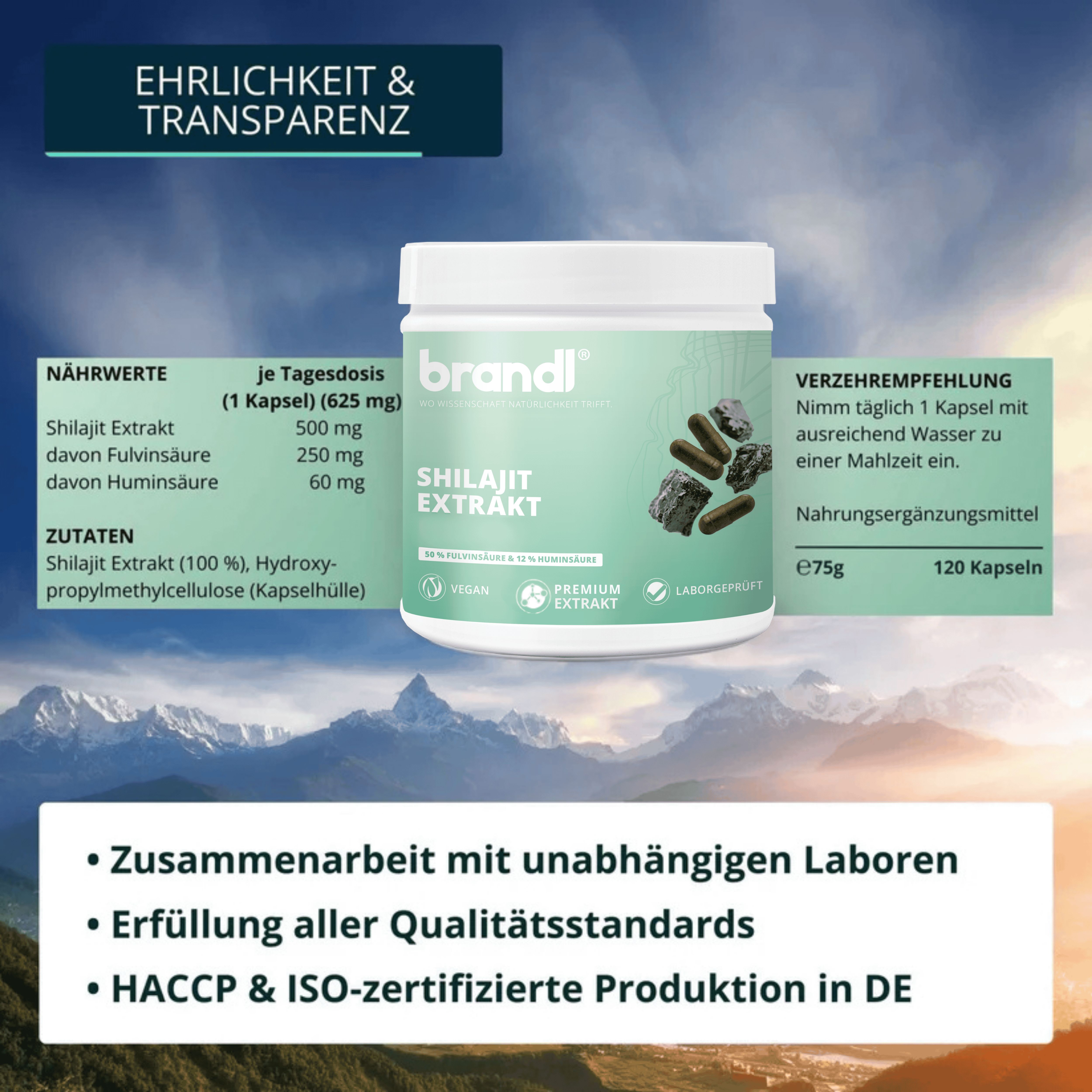 Dose mit Kapseln. Text: Shilajit Extrakt, 50% Fulvinsäure & 12% Huminsäure, vegan, laborgeprüft. Marke: brandl. 120 Kapseln.