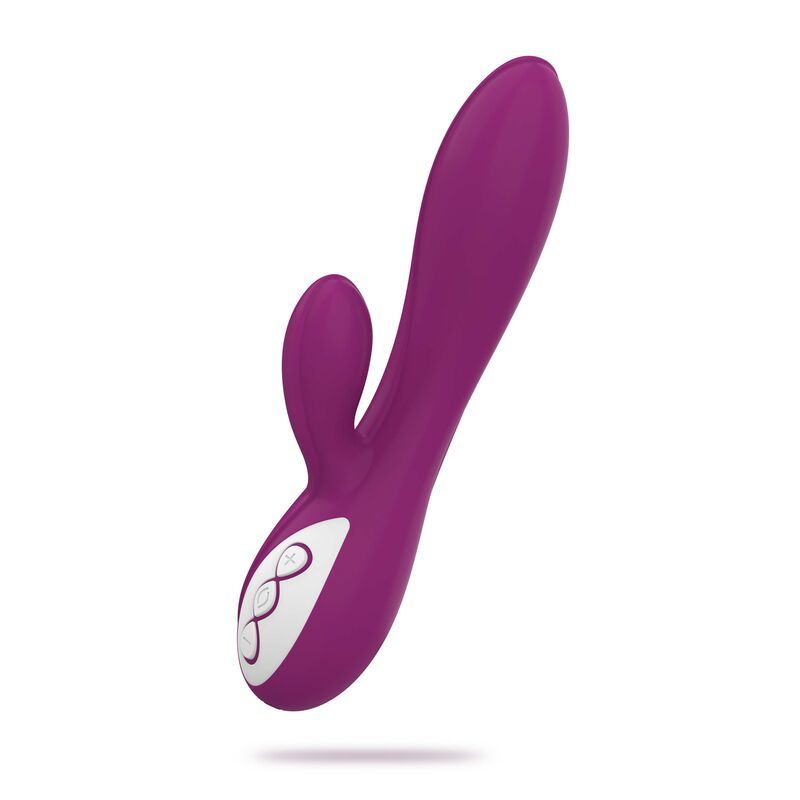 Lila Vibrator mit geschwungener Form und weißem Bedienfeld mit Symbolen.