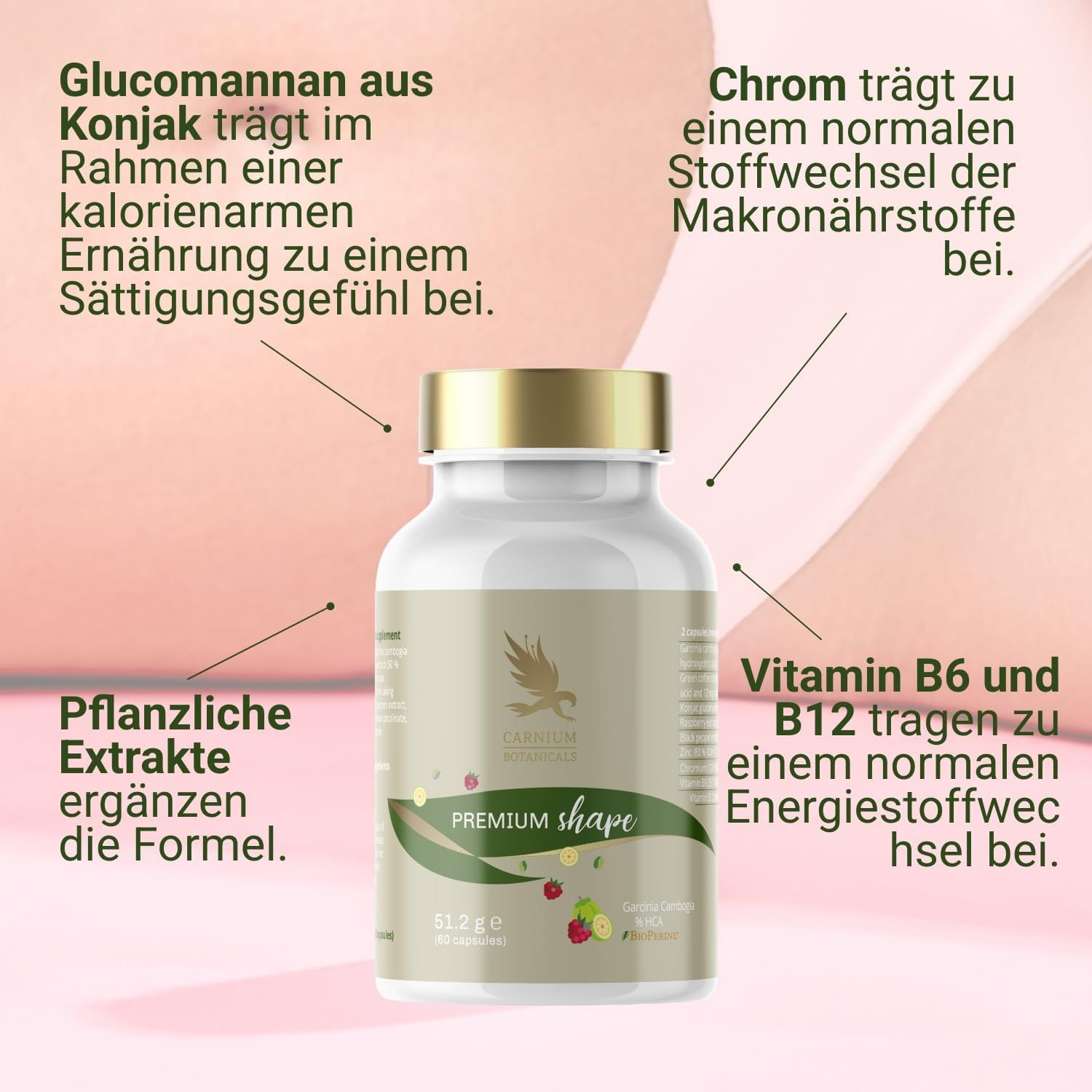 Weiße Flasche mit goldfarbenem Deckel. Aufschrift "Premium Shape". Text mit Inhaltsstoffen und deren Wirkung. Hintergrund: Haut.