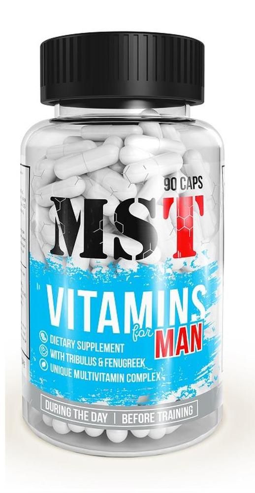 Transparente Flasche mit weißen Kapseln. Aufschrift "MST Vitamins for MAN". Schwarzer Deckel.