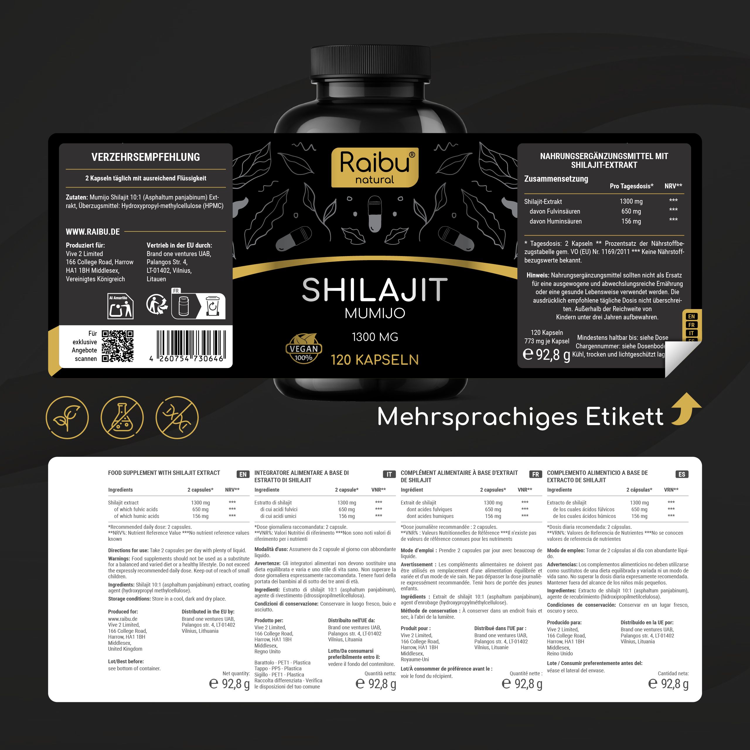 Flasche mit Kapseln. Text: 1300 mg Mumijo Shilajit pro Tag, 120 Kapseln. Vegan. 60 Tage.