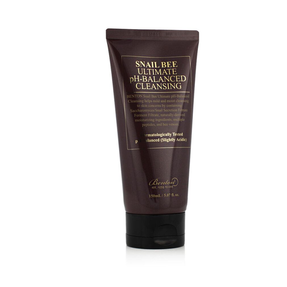 Braune Tube mit schwarzem Deckel. Aufschrift: Snail Bee Ultimate pH-Balanced Cleansing. Text und Logo.
