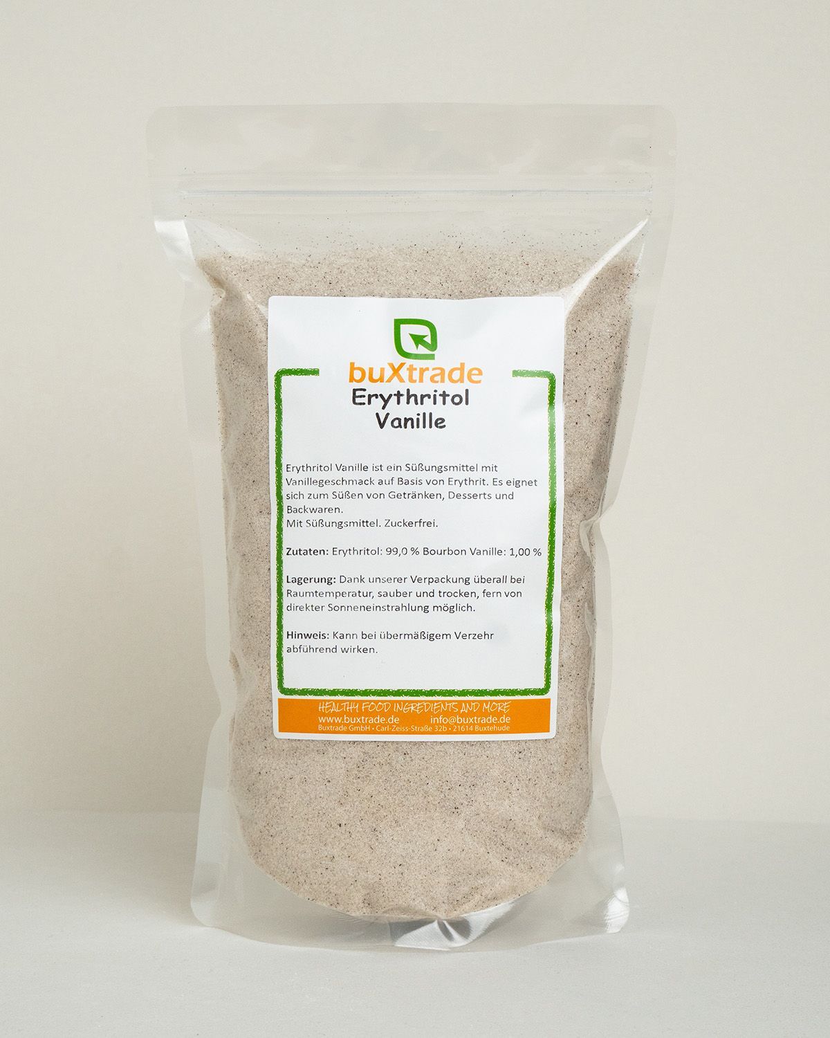 Buxtrade Erythritol Vanille in einem Standbeutel mit Etikett. Enthält Erythritol und Bourbon Vanille.