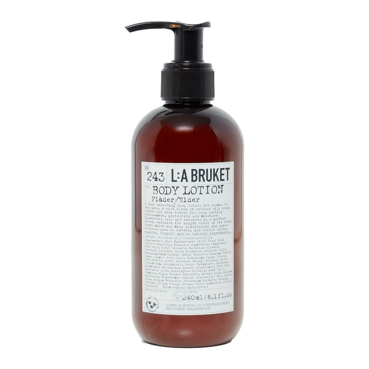 Braune Flasche mit schwarzem Pumpverschluss. Aufschrift: 243 L:A Bruket Body Lotion. Etikett mit Text.