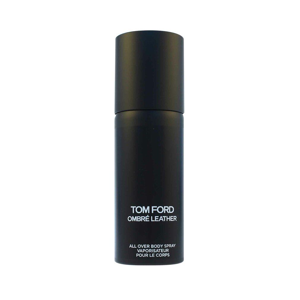 Schwarze Sprühflasche mit Text: TOM FORD OMBRÉ LEATHER. ALL OVER BODY SPRAY. VAPORISATEUR POUR LE CORPS.