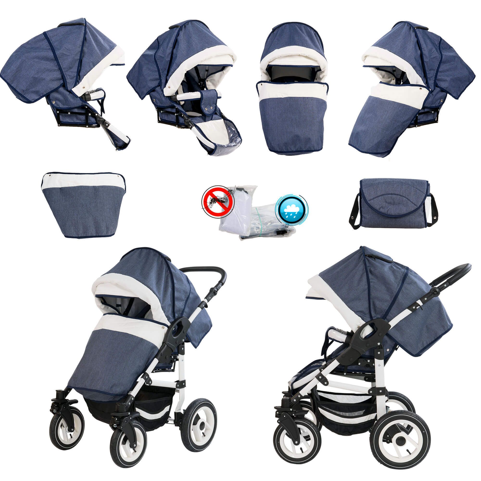 Bebebi Florenz 2 in 1 Kombikinderwagen Hartgummireifen, Neptun Blue White
