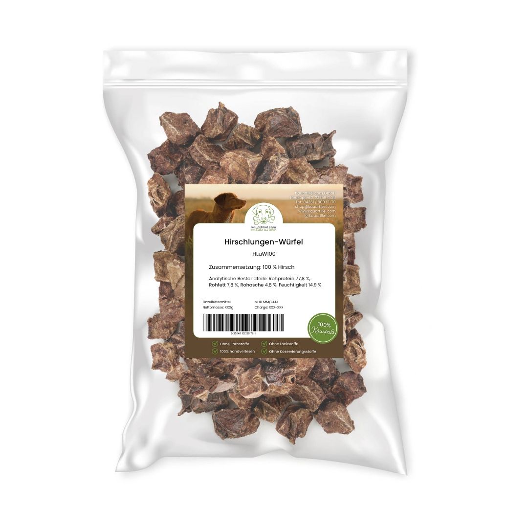 Gefüllter Beutel mit Hirschlungen-Würfeln für Hunde. 100% Hirsch.
