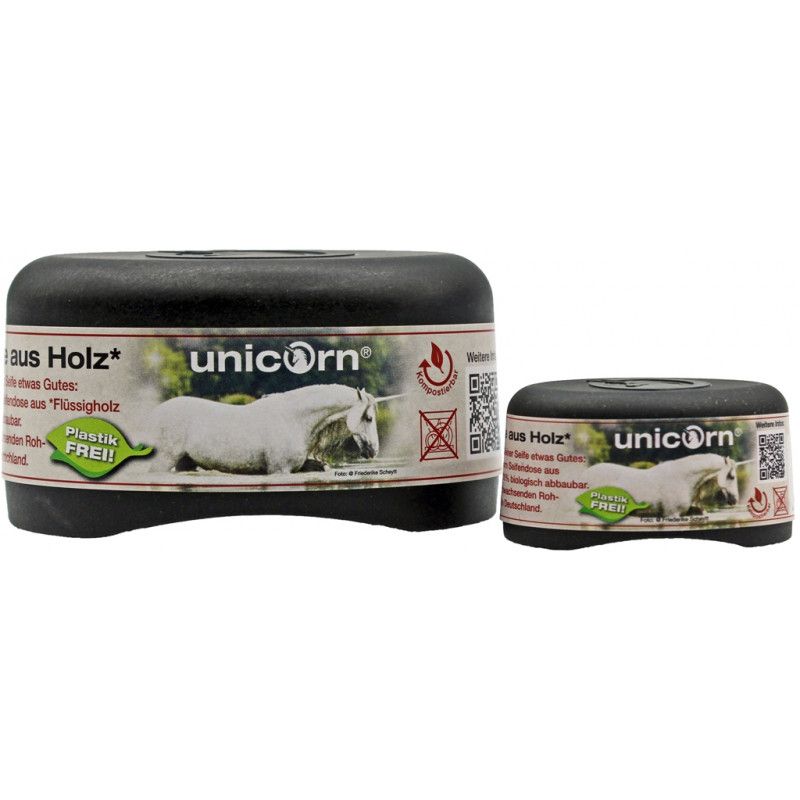 Zwei schwarze Seifendosen mit Etikett. Aufschrift "unicorn" und Einhorn-Motiv. Rechteckige Form.