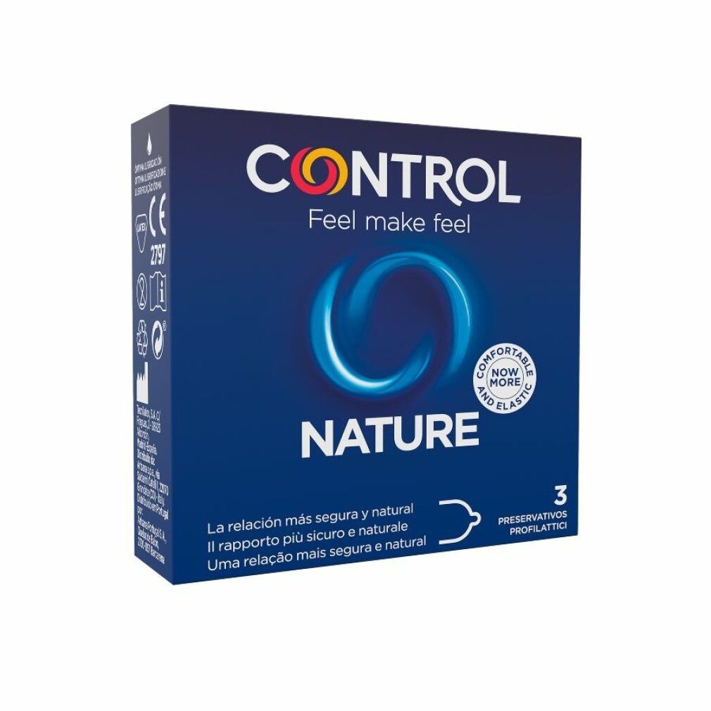 Packung Control Nature Kondome, 3 Stück. Vorderseite der blauen Verpackung mit Logo und Produktnamen.