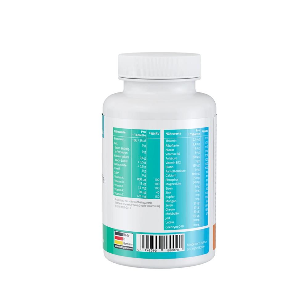 Rückseite der weißen Flasche PURMEO Vitamine + Mineralstoffe. Nährwertangaben und Inhaltsstoffe.