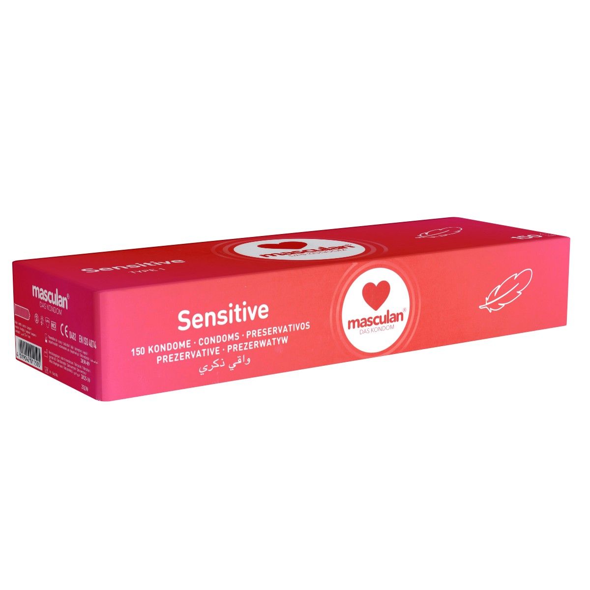 Rote Verpackung mit "Masculan Sensitive". Text: 150 Kondome. Logo: Herz. Feder-Symbol. Produktbezeichnung in mehreren Sprachen.