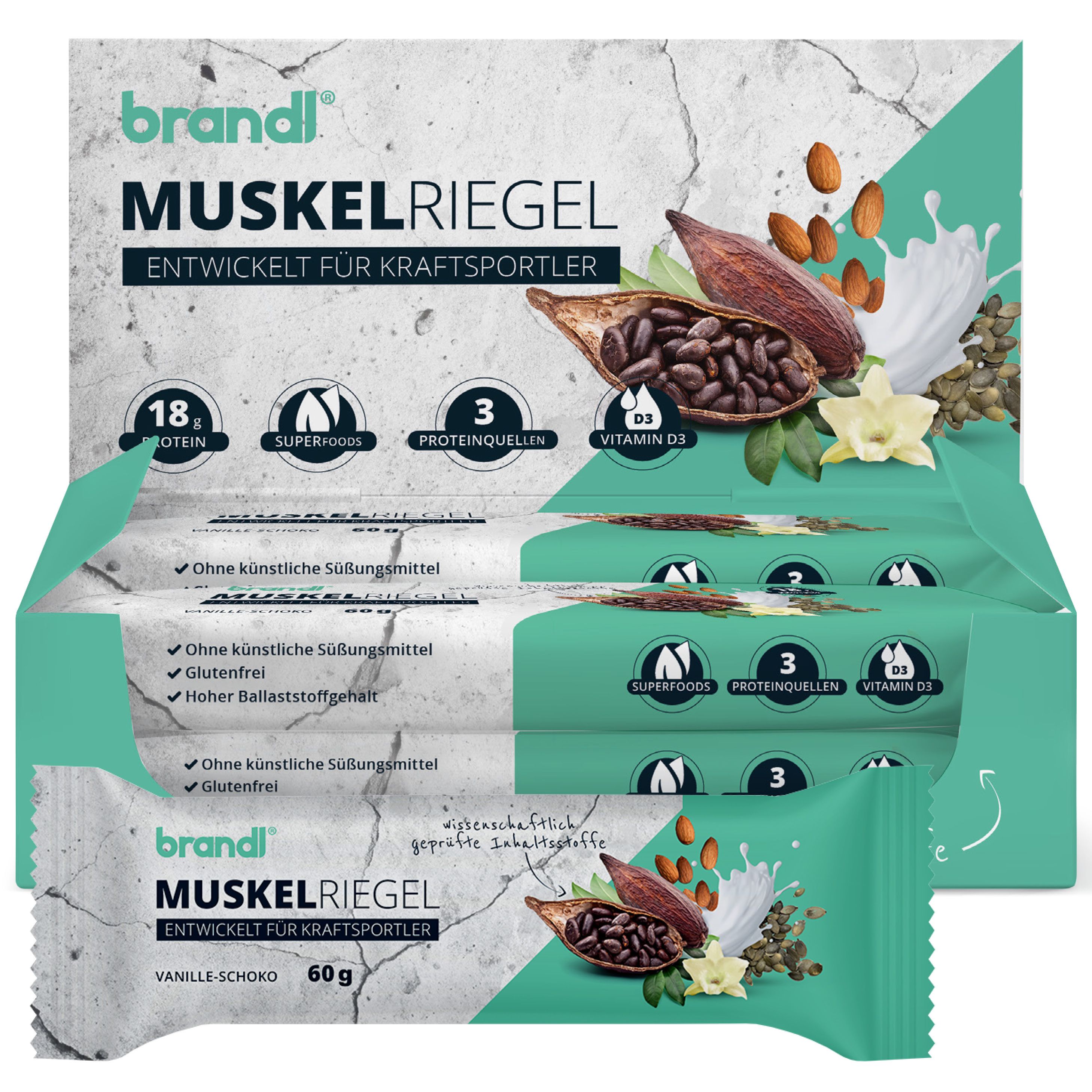 brandl® Eiweiß-Riegel mit 18g Eiweiß aus 3 Quellen