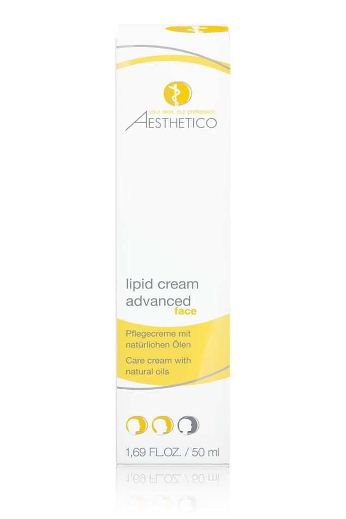 Emballage Aesthetico Lipid Cream Advanced. Blanc, jaune. Texte: Lipid Cream Advanced face, crème de soin aux huiles naturelles.