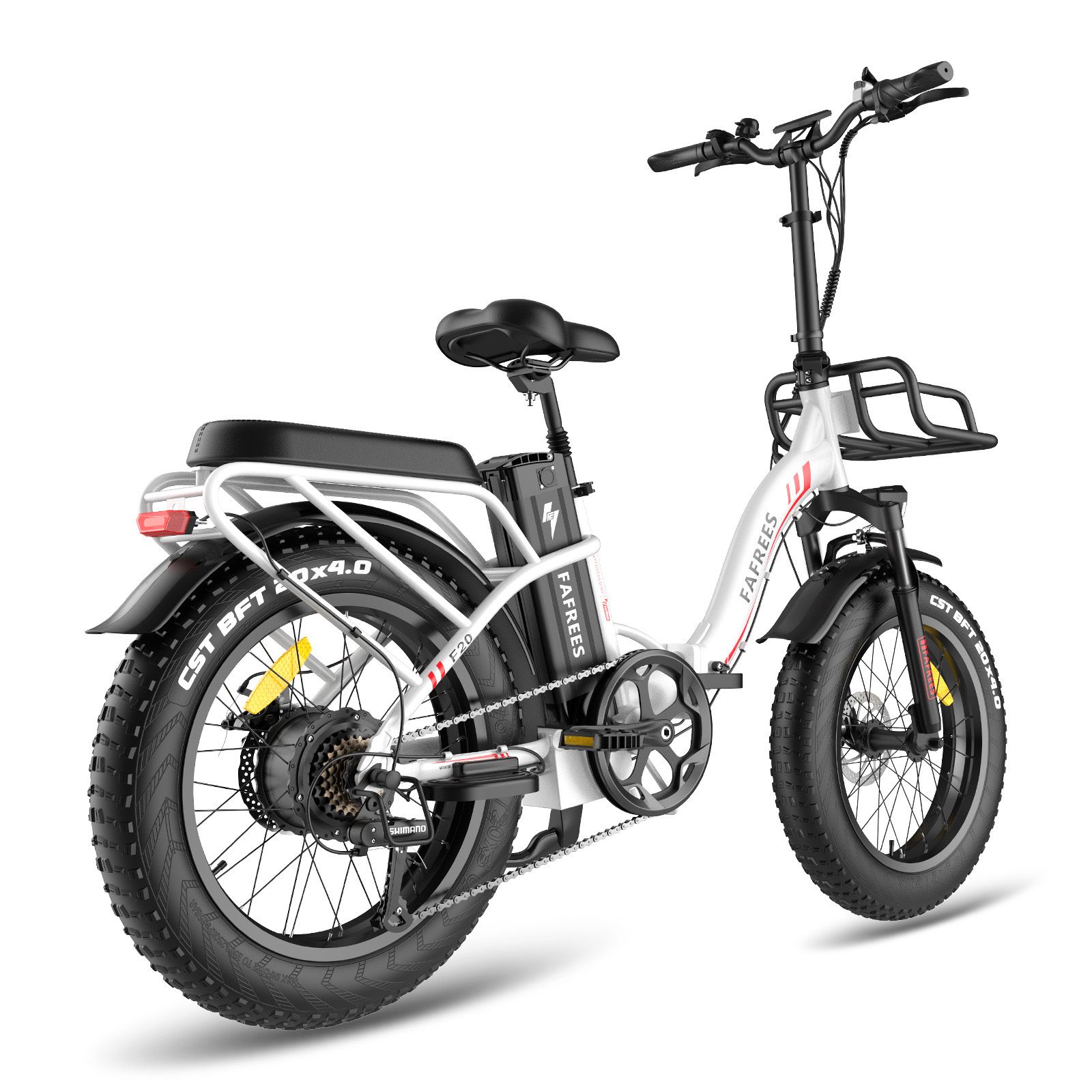 Weißes Fafrees F20 Max Elektrofahrrad. Schwarze Reifen, Gepäckträger, Frontkorb. Batterie und Marke sichtbar.