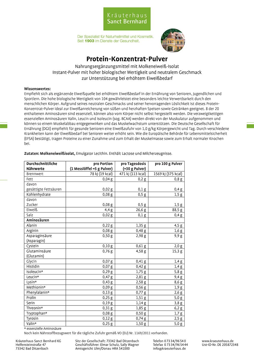 Sanct Bernhard Protein-Konzentrat-Pulver mit hoher biologischer Wertigkeit | Neutraler Geschmack