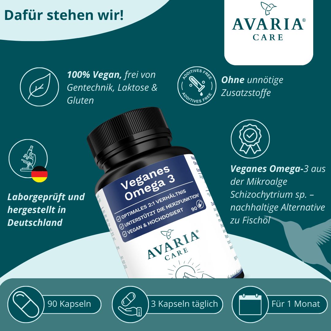 Flasche mit Kapseln. Aufschrift: Veganes Omega 3. Logo: AVARIA CARE. 90 Kapseln. Laborgeprüft und hergestellt in Deutschland. 1 Monat.