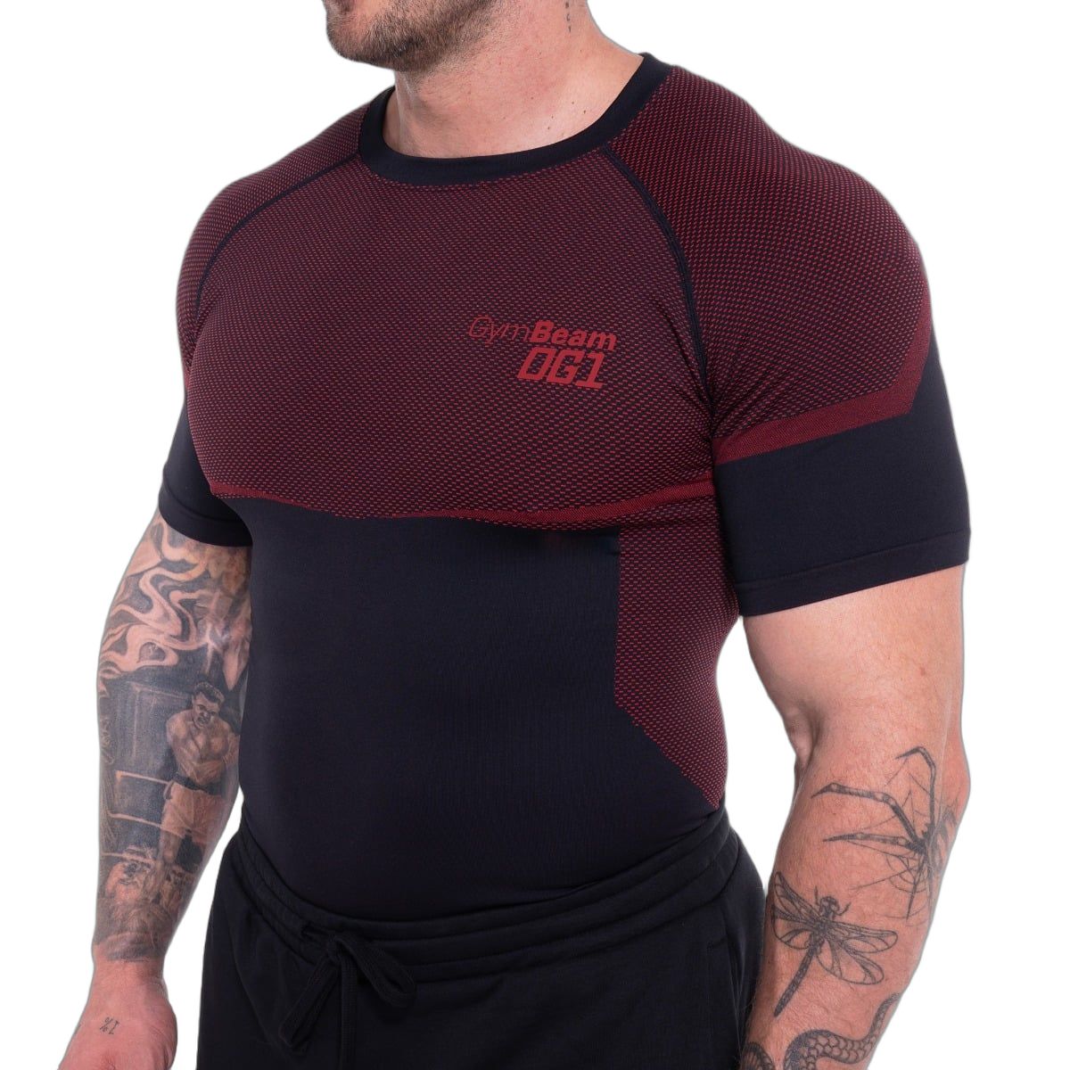 GymBeam OG1 Nahtloses T-Shirt Herren Slim Schwarz/Rot Kurzarm