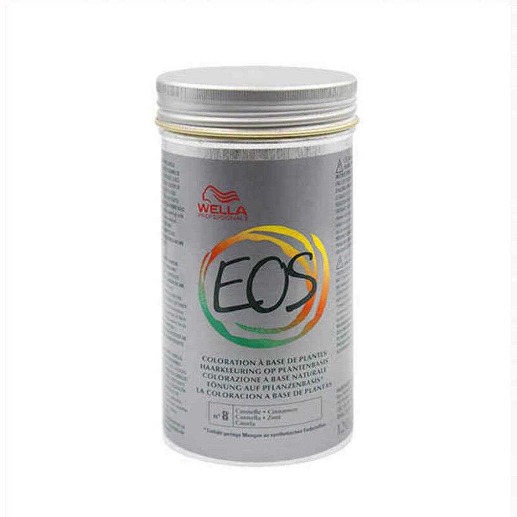 Zylindrische Dose mit Deckel. Aufschrift: Wella, EOS, Coloration à base de plantes, Nr. 8, Zimt. Logo und Text.