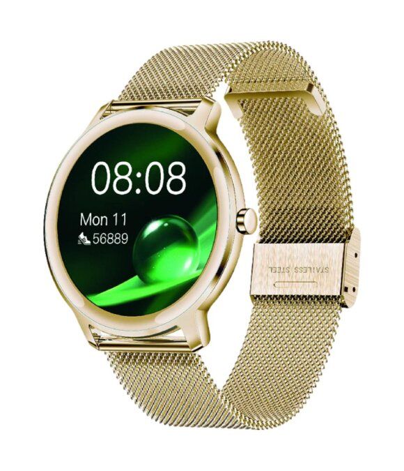 Goldfarbene Smartwatch mit rundem Zifferblatt. Mesh-Armband. Uhrzeit 08:08, Datum und Schrittzahl auf dem Display.