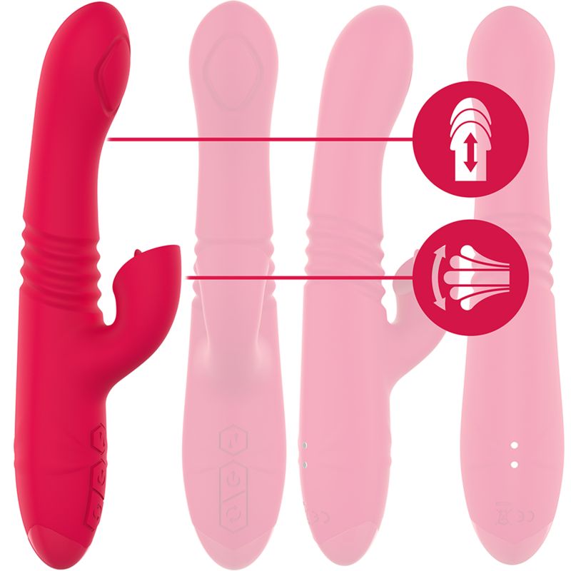 Roter Vibrator mit Zungen-Design. Verschiedene Ansichten mit Funktionssymbolen. Silikon-Material.