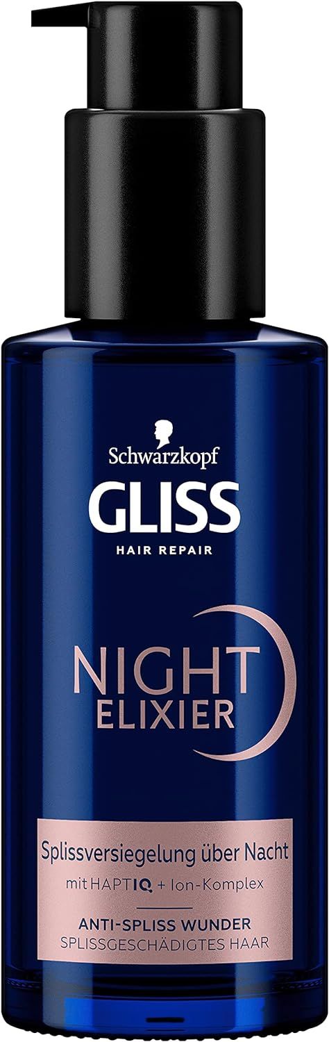 Blaue Flasche mit schwarzem Pumpkopf. Aufschrift: Schwarzkopf Gliss, Night Elixier, Anti-Spliss Wunder.