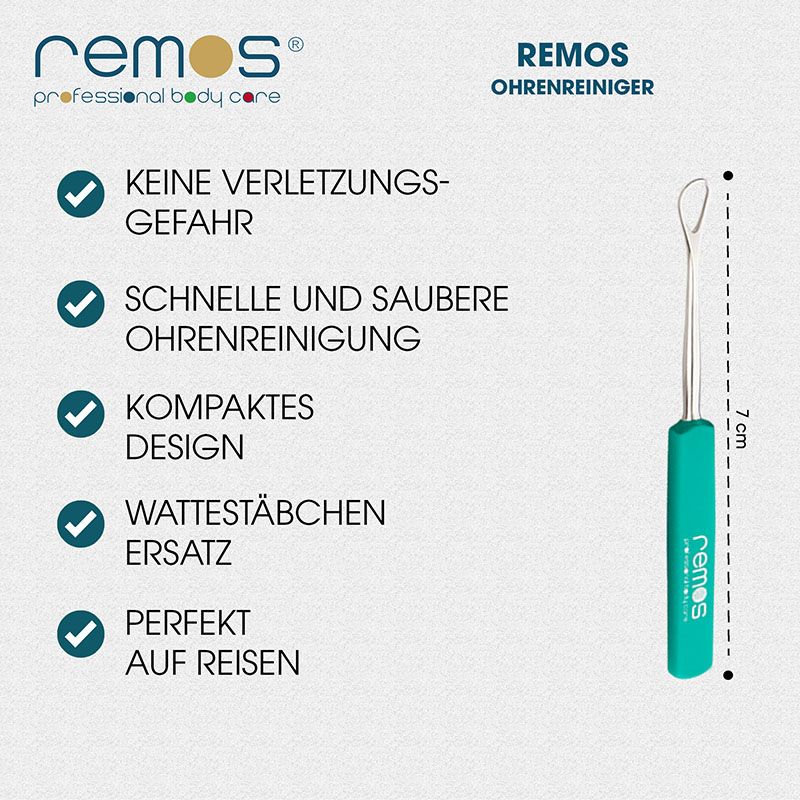 Ohrenschlinge mit 7 cm Maßangabe. Text: Keine Verletzungsgefahr, schnelle Reinigung, kompaktes Design, Wattestäbchen Ersatz. Marke: remos.