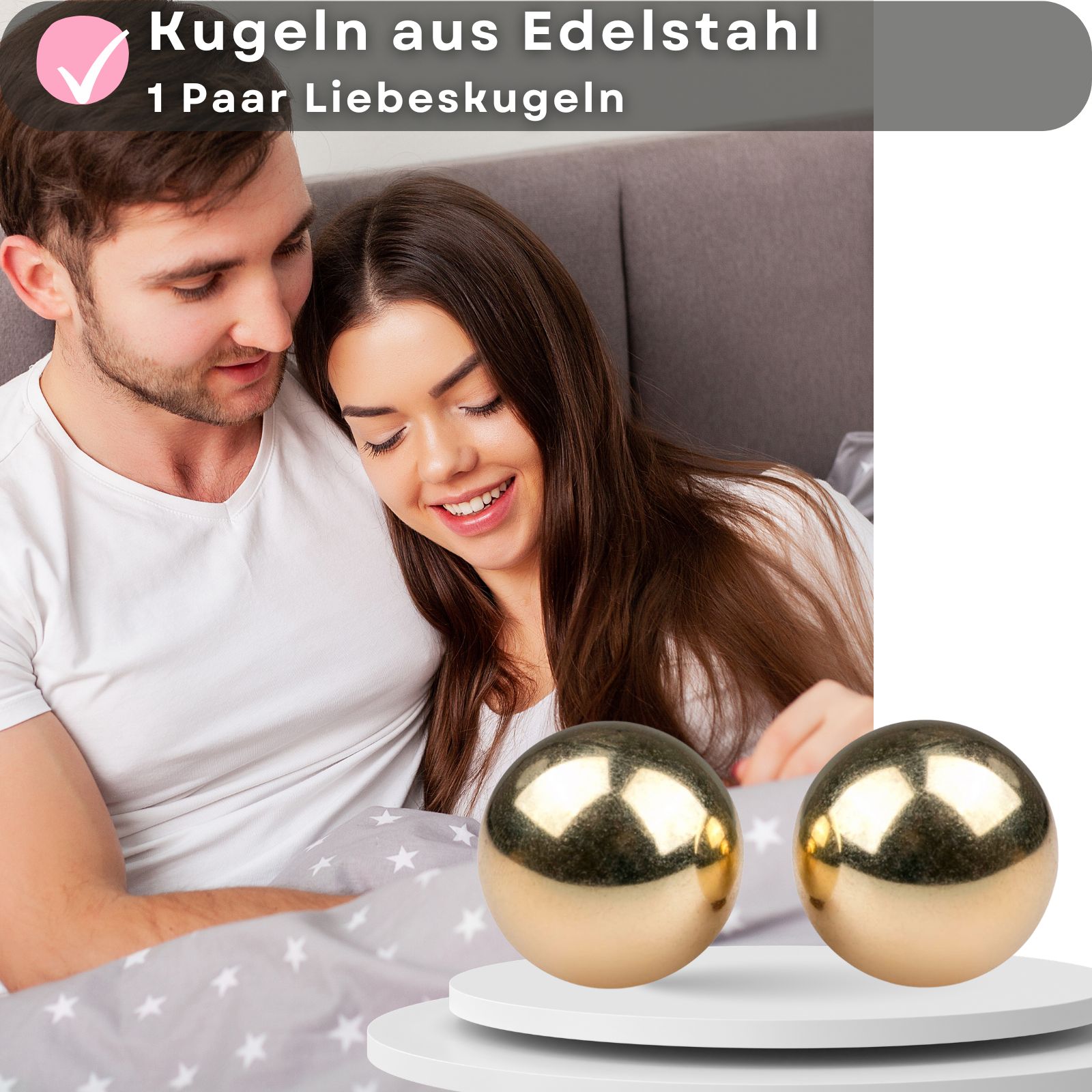 Zwei goldfarbene Kugeln. Text: Kugeln aus Edelstahl, 1 Paar Liebeskugeln.