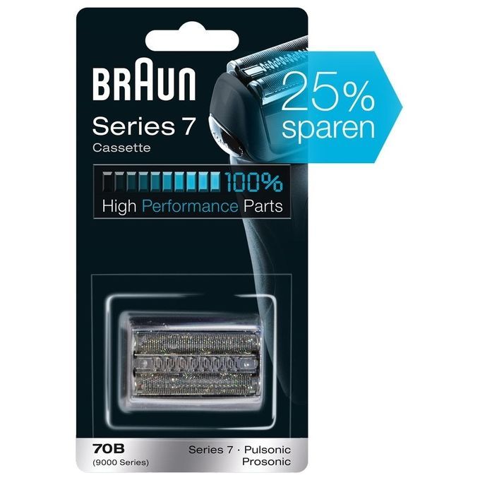 Verpackung mit Ersatzscherkopf. Marke Braun, Series 7. Text: 25% sparen, 100% High Performance Parts.