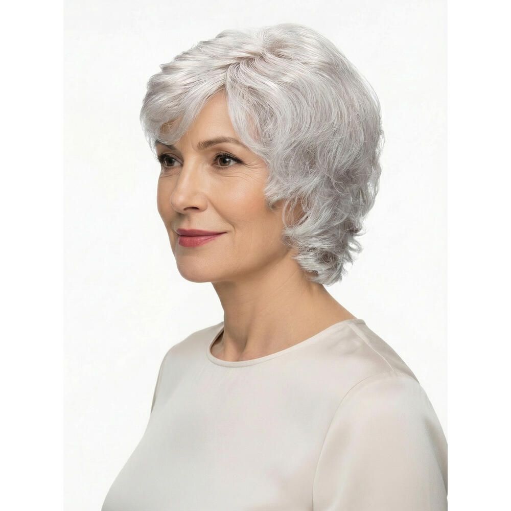 Frau mit grauer Perücke. Kurze, gewellte Frisur. Seitenansicht. Helles Oberteil. Weißer Hintergrund.