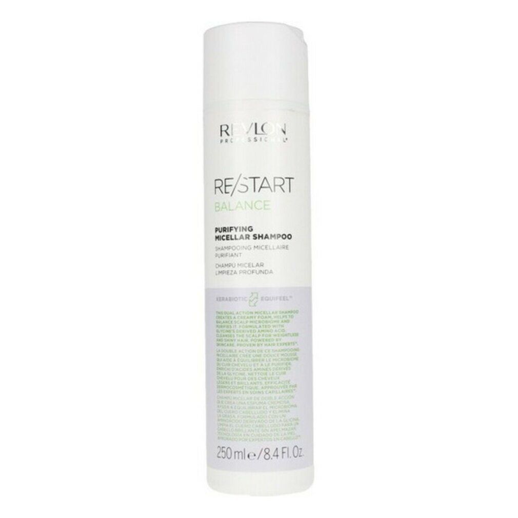 Weiß-lila Flasche mit Shampoo. Aufschrift: Revlon Professional, Re/Start Balance, Purifying Micellar Shampoo. 250 ml.