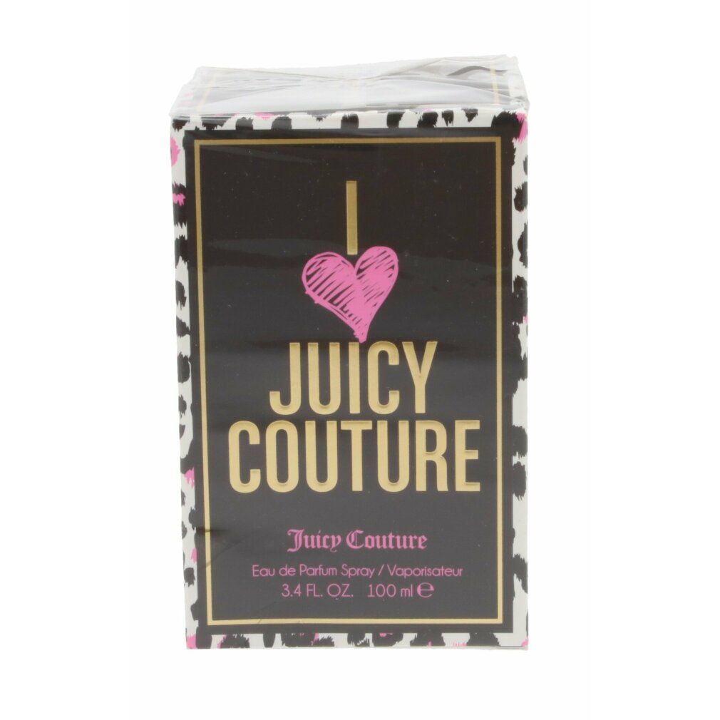 Verpackung von Juicy Couture Eau de Parfum Spray. Schwarzer Hintergrund mit goldener Schrift und rosa Herz. Leopardenmuster.