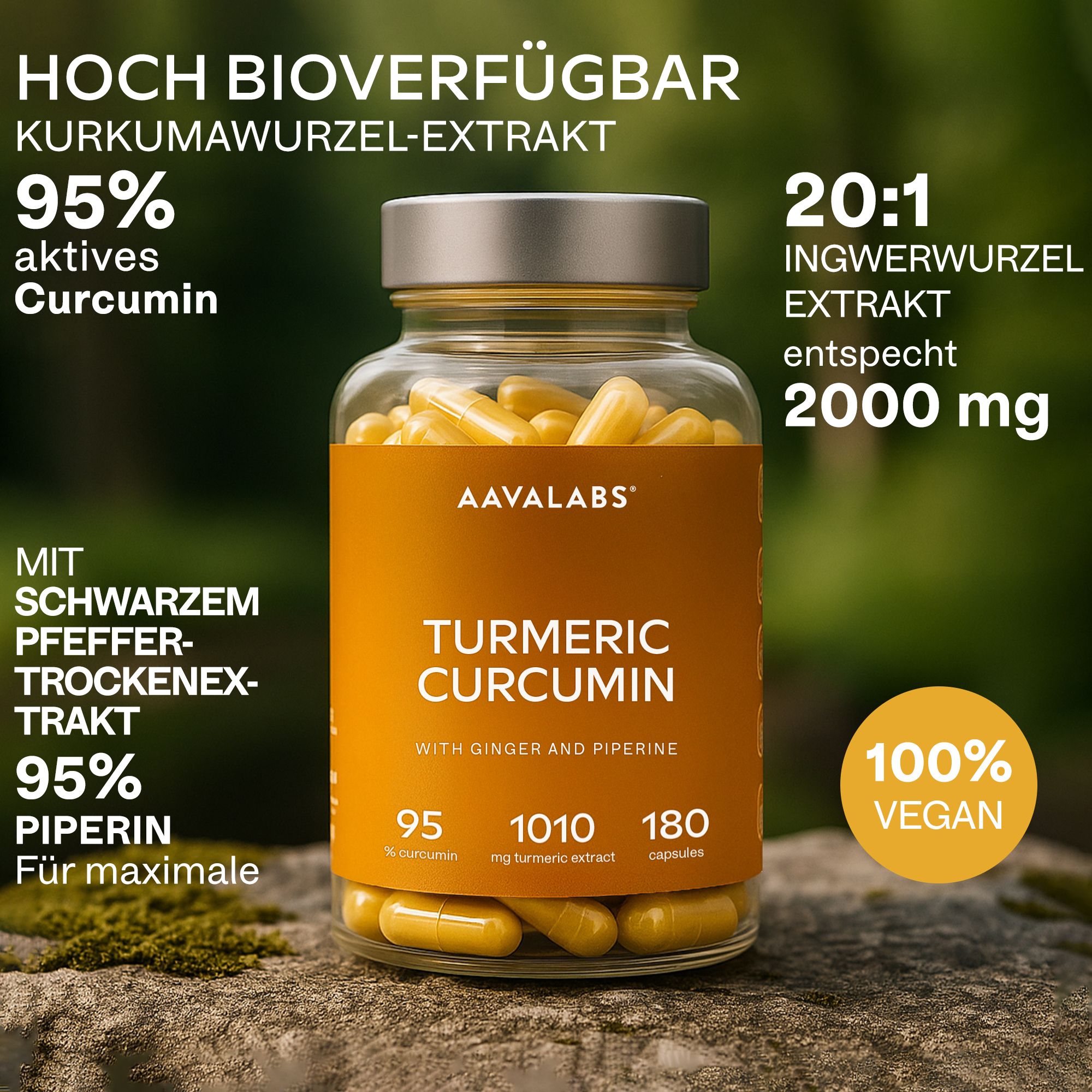 Glasflasche mit Kapseln. Aufschrift: Turmeric Curcumin, mit Ingwer und Piperin. 180 Kapseln.