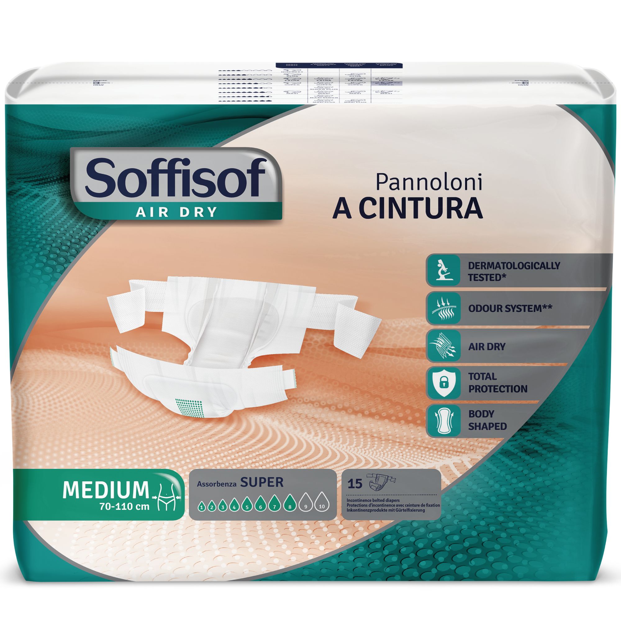 Verpackung mit Inkontinenzschutz mit Hüftbund Super. Enthält 15 Stück. Größe Medium, 70-110 cm. Dermatologisch getestet, Air Dry.