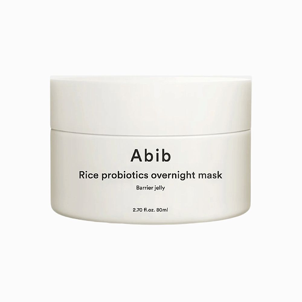 Weißer, zylindrischer Tiegel mit schwarzer Schrift: Abib, Rice probiotics overnight mask, Barrier jelly.
