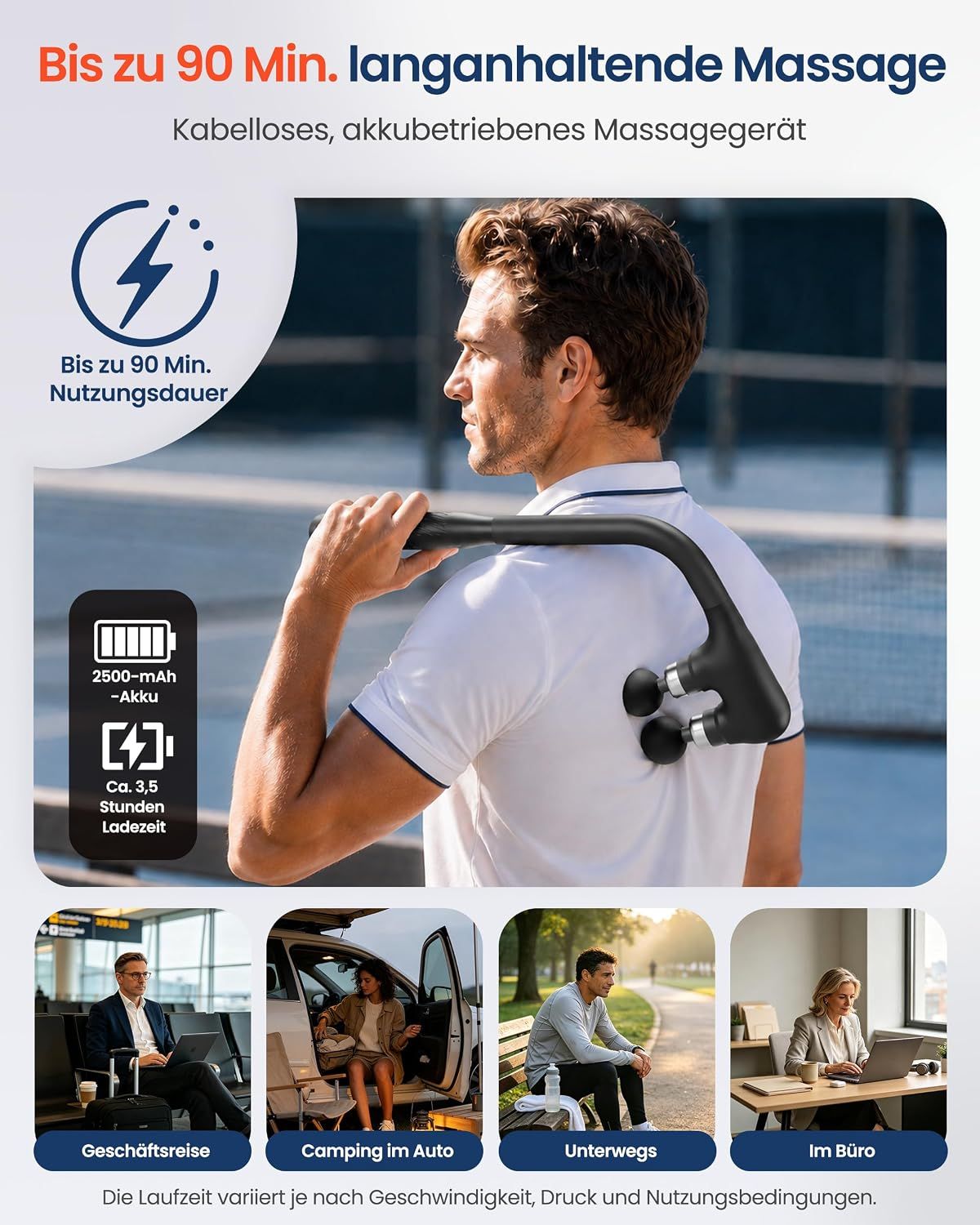 Kabelloser Massagegerät mit Akku für bis zu 90 Min. Nutzung.