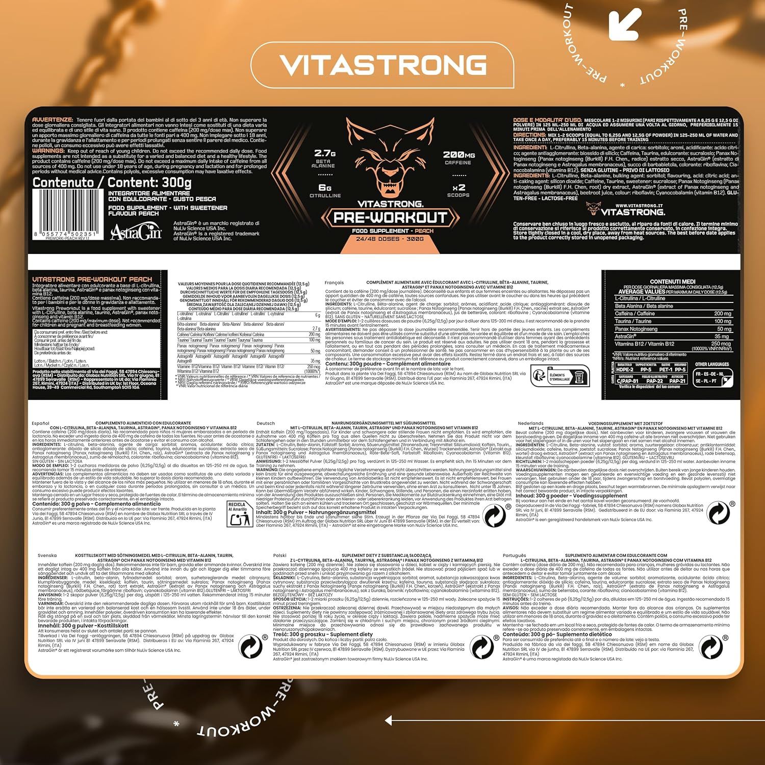 Rückseite der Vitastrong Pre-Workout-Verpackung. Text in mehreren Sprachen. Enthält Nährwertangaben und Inhaltsstoffe.