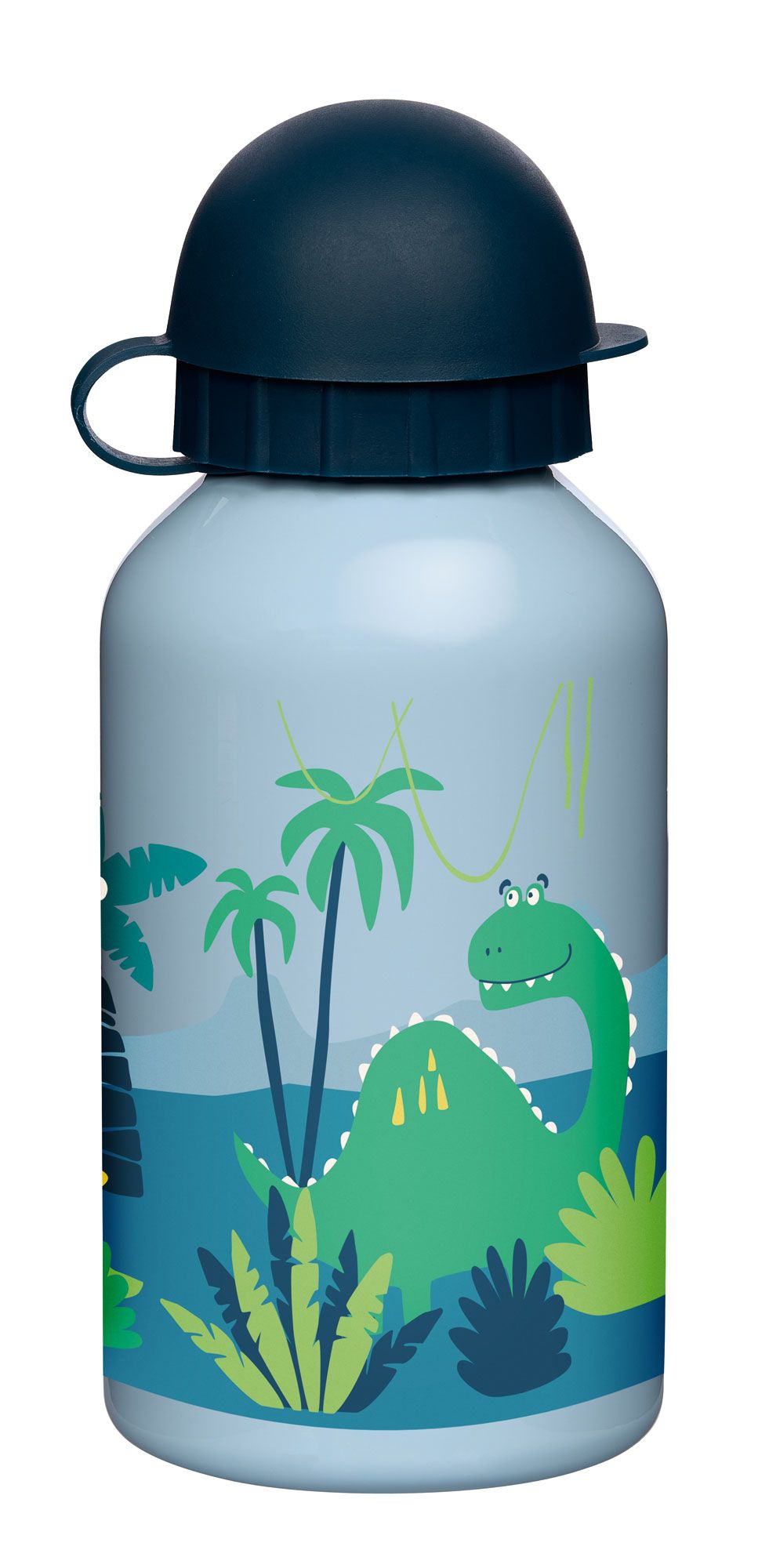 Trinkflasche mit Dino-Motiv. Hellblauer Behälter mit dunkelblauem Deckel. Illustration eines Dinosauriers und Palmen.