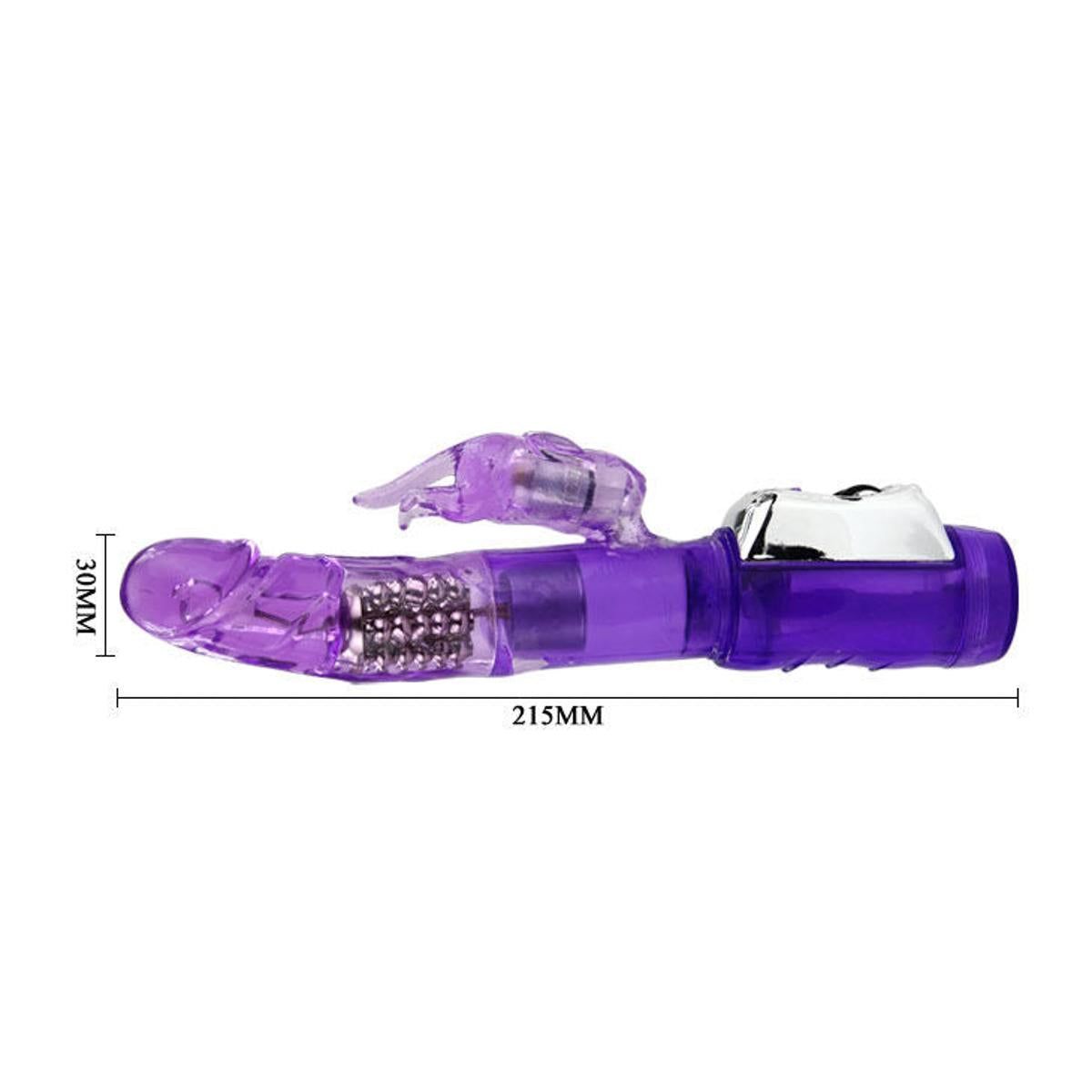 Lila Vibrator mit Kaninchenohren-Design. Abmessungen: 215mm lang, 30mm breit.