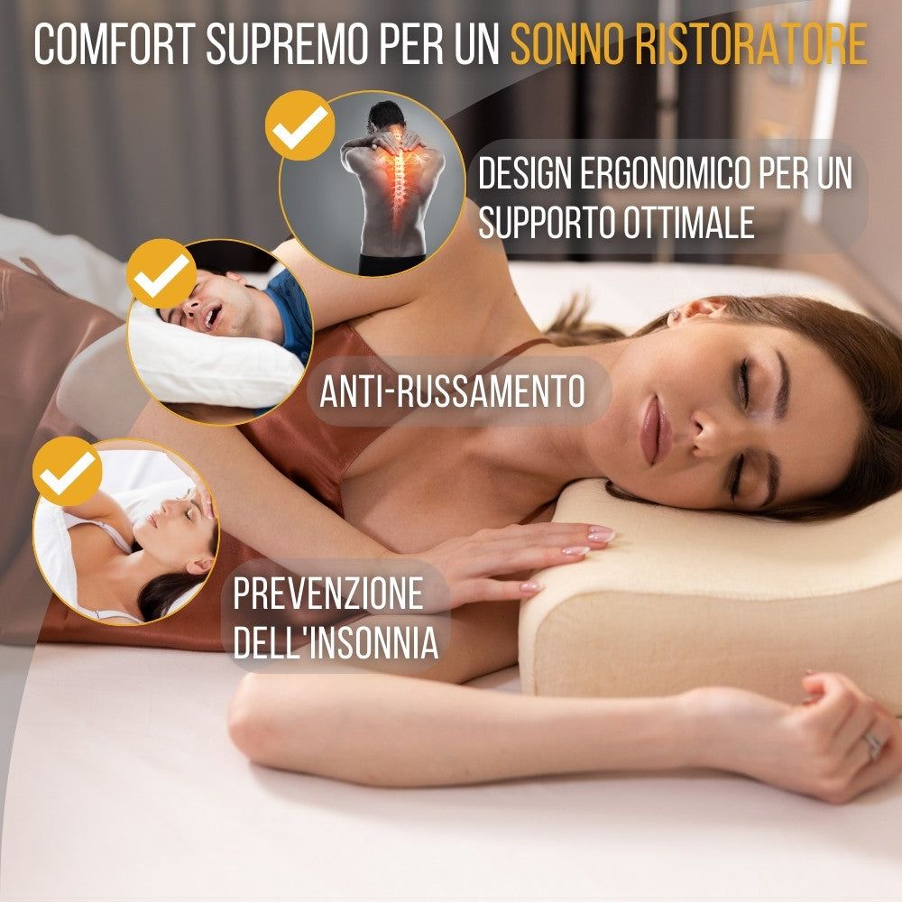 Immagine pubblicitaria: donna che dorme sulla schiena con cuscino. Testo.